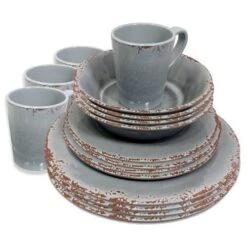 Crusader Rustic Melamine Set 4 D Plates, 4 S Plates, 4 Bowls, 4 Mugs Norfolk Grey (Pk Of 16)