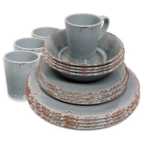 Crusader Rustic Melamine Set 4 D Plates, 4 S Plates, 4 Bowls, 4 Mugs Norfolk Grey (Pk Of 16) 1 Crusader Rustic Melamine Set 4 D Plates, 4 S Plates, 4 Bowls, 4 Mugs Norfolk Grey (Pk Of 16)