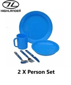 Highlander 2 X Person Plastic Unbreakable Poly Mug Plate Bowl And KFS Cutlery Set Blue -Camping Online 6691915